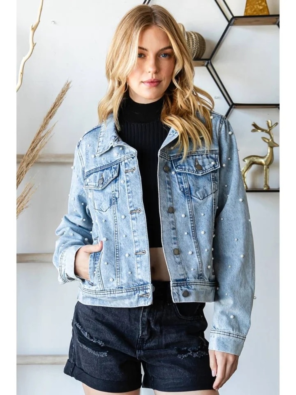 NWT Pearl -Embellished Light Blue Denim Jacket Cropped- Women's